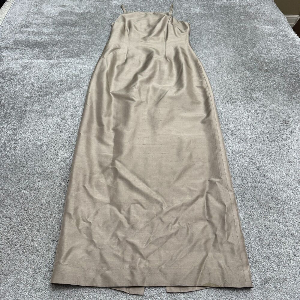 Lynn Lugo 100% Raw Silk Maxi Dress Womens 8 Gold Tan Spaghetti Strap Slit USA